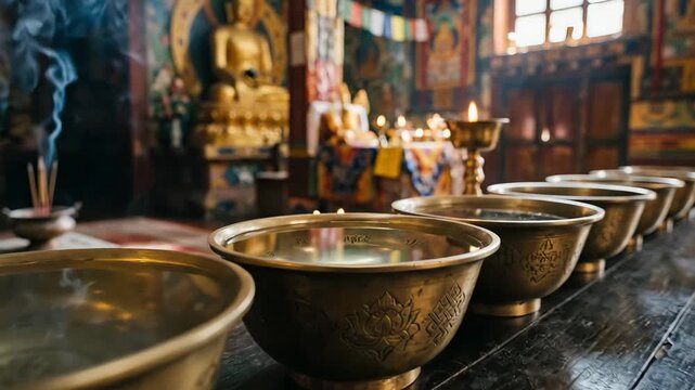 Ritual bowl with engraved symbols in Tibetan temple. Ritual bowl holds water on wooden altar with butter lamps. Sacred atmosphere with colorful thangka background.