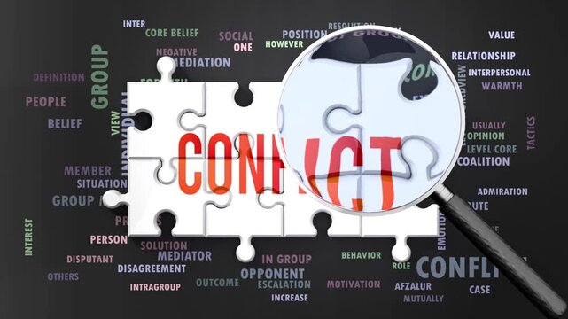 Conflict under magnifying glass, being researched, studied and examined. Most important subjects and ideas closely related to conflict presented as a word cloud. Complexity of conflict. Can be looped.