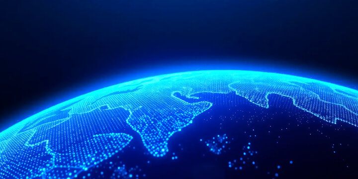 Futuristic holographic earth globe projection floating above a circular Global network connection background, glowing world map lines, data transfer, fiber optics, technology communication concept.