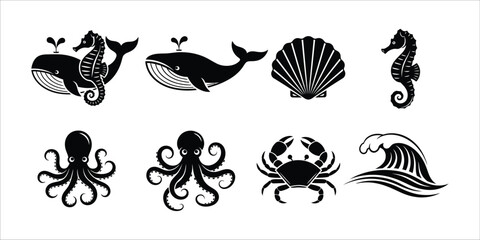 Obraz premium Black and white sea creatures and shells illustrations
