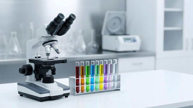Laboratory microscope of diagnostic research setup with colorful test tubes and empty space for science concept