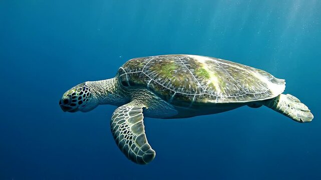 Large sea turtle swimming underwater with sunlight filtering through the ocean water