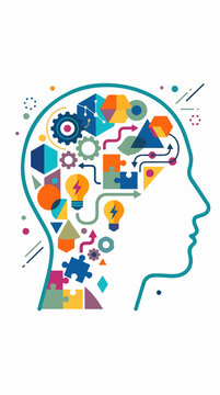Outline head filled with gears puzzle pieces light bulbs and abstract shapes