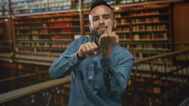 Young man in denim shirt shows middle finger gesture toward camera in a library building filled with books; defiance rebellion.