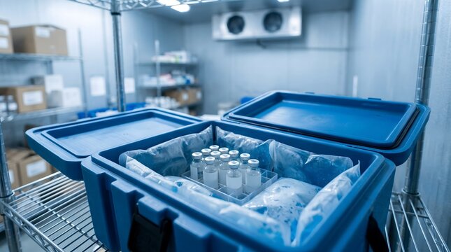 Open insulated vaccine transport box of medical cold chain storage with ice packs and vial containers