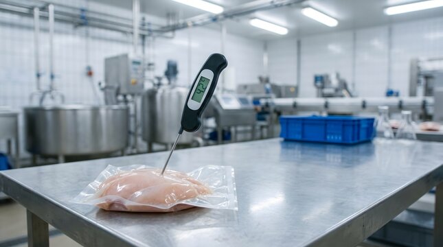 Digital food thermometer of temperature testing in packaged meat for safety control in processing facility