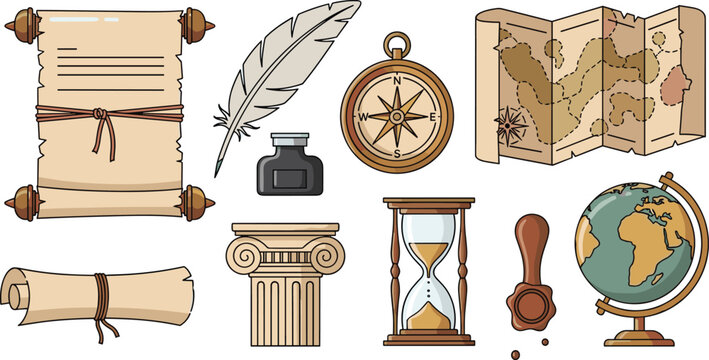 Vintage Exploration and History Icon Set Featuring Scrolls Feather Ink Compass Map Globe Column Hourglass Wax Seal and Antique Adventure Elements Vector Collection