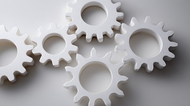 Clean, light gray background with five white gear wheels interlocking, symbolizing cooperation, system, and innovation for various business concepts