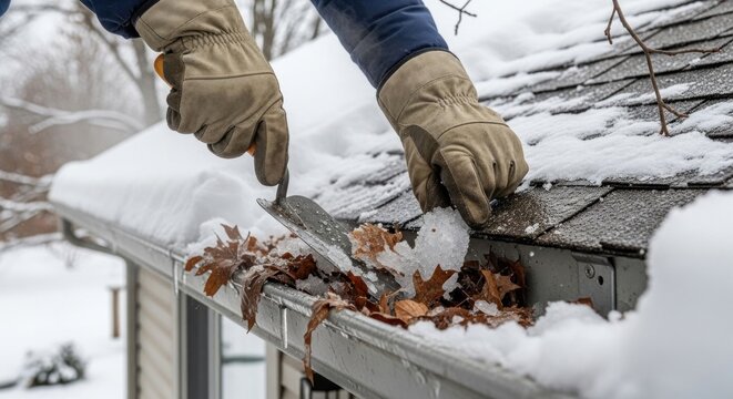A person cleaning snow from a roof with a trowel and gloves.