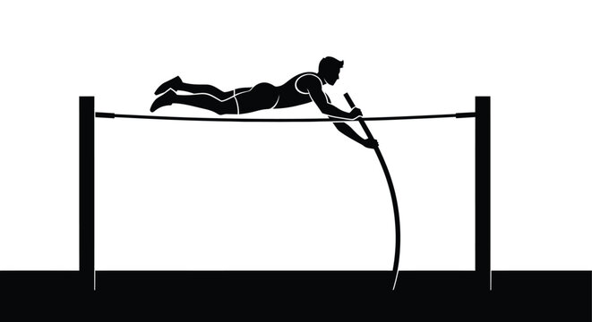 A silhouetted athlete performing a high jump clearing the bar with a pole high quality