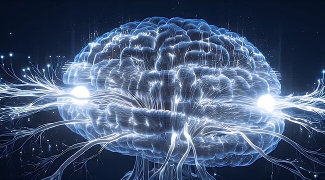 Blue glowing brain with intricate neural pathways and luminous connections against dark