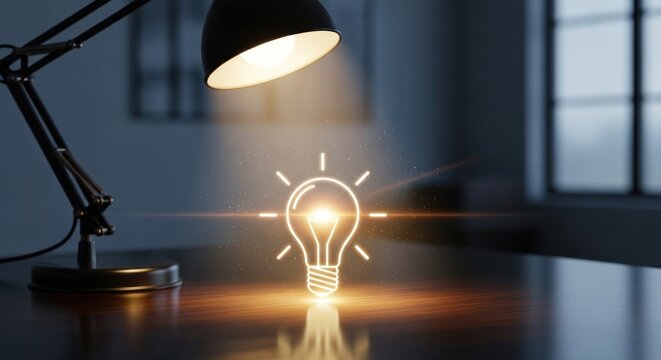 A glowing light bulb on a desk with a lamp illuminating it.