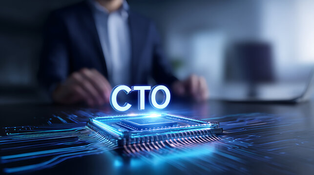 Chief Technology Officer Concept with Futuristic Processor and Executive Silhouette, Representing Innovation and Leadership in Digital Transformation