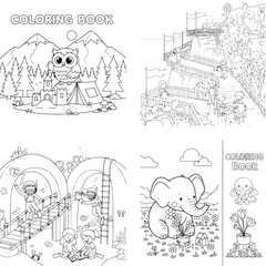 Obraz premium Happy owl and mountains coloring page for children with line art