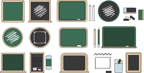 Classroom Blackboard and Teaching Equipment Icon Set Featuring Chalkboards Erasers Chalk Pencils Calendar and School Supplies Vector Illustration Collection © Sufea