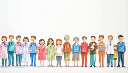 Fototapeta premium Hand Drawn Colored Pencil Illustration of a Diverse Group of People and Healthcare Workers Standing Together