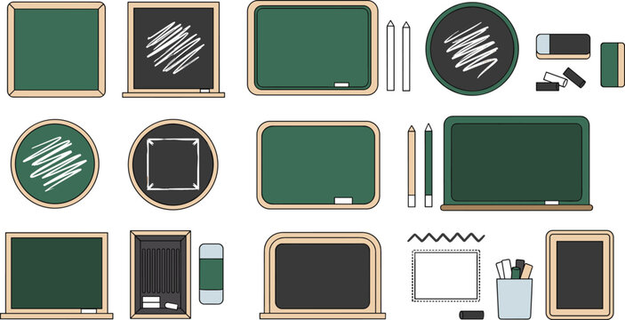 Classroom Blackboard and Teaching Equipment Icon Set Featuring Chalkboards Erasers Chalk Pencils Calendar and School Supplies Vector Illustration Collection