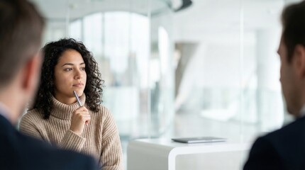 Young woman in sweater thinking with pen at office meeting table, contemplative expression and soft natural light