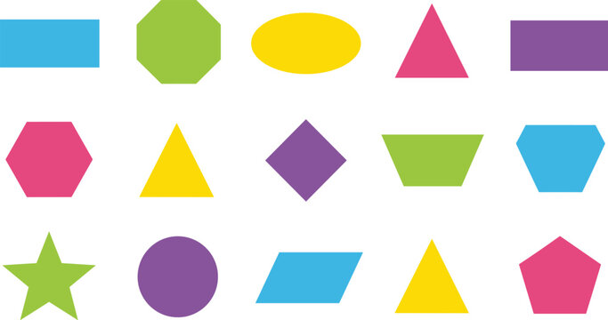 Colorful Geometric Shapes Collection Including Circle Triangle Star Hexagon and Polygon Flat Vector Illustration Set