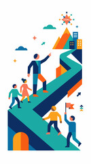 Fototapeta premium People walking on a rising path toward a goal marker