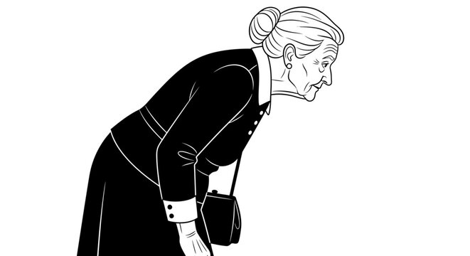 Elderly woman bending over in black and white.