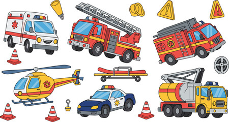 Emergency Rescue Vehicles Illustration Set Featuring Ambulance Fire Truck Helicopter Police Car Tanker and Safety Equipment for Disaster Response and Public Services Design © Sufea