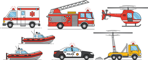Emergency Response Vehicles Set Featuring Ambulance Fire Truck Rescue Boat Helicopter Police Car and Tow Truck for Public Safety and Disaster Services Design © Sufea