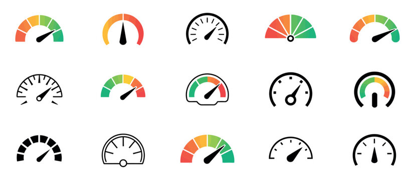 Speedometer Icon Set Featuring Speed Indicator Gauge Dashboard Tachometer Scale Arrow Vector Illustration Performance Measurement