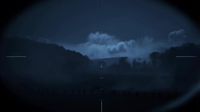 Binoculars night vision with dark foggy landscape and explosion in distance through a scope featuring military, combat, tactical with surveillance