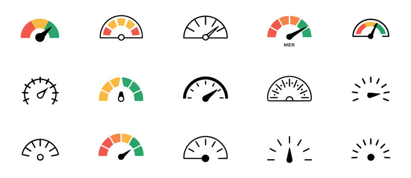 Speedometer Icon Set With Speed Indicator Gauge Dashboard Tachometer Scale Arrow Vector Illustration Performance Measurement