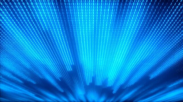 Screen with blue digital light rays and binary code pattern featuring technology, computer, data with information and futuristic elements for neon,