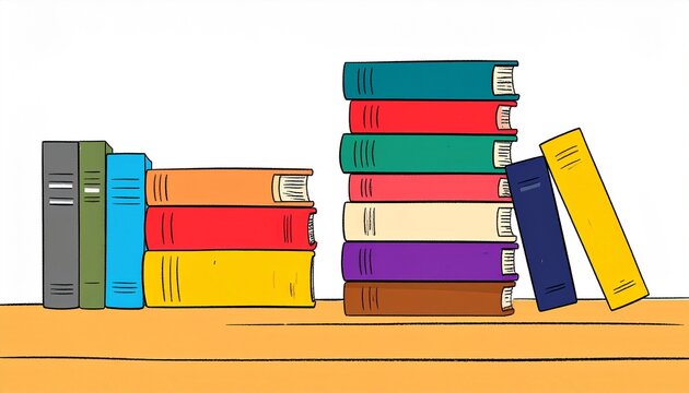 Minimalist Hand-Drawn Illustration of Colorful Book Stacks on a Wooden Table for Education Concept