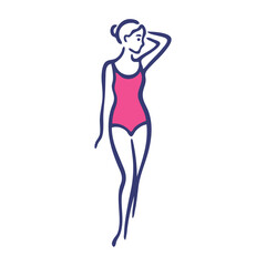 Logotipo con dibujo con líneas de una mujer con bikini de estilo retro, posando de pie con una mano en la cabeza © teracreonte
