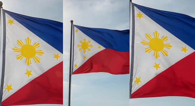philippine flags waving in bright blue sky over flagpoles