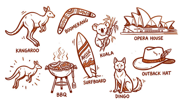Hand drawn doodle set of Australian symbols and icons