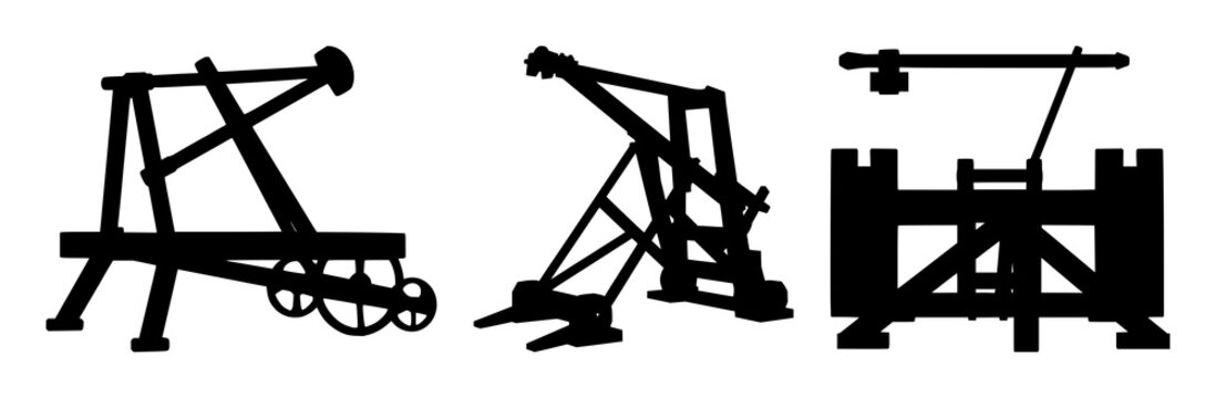 Trebuchet set with solid black silhouette and flat 2D vector detail featuring medieval siege engine, black outline, medieval artillery with silhouette and white background