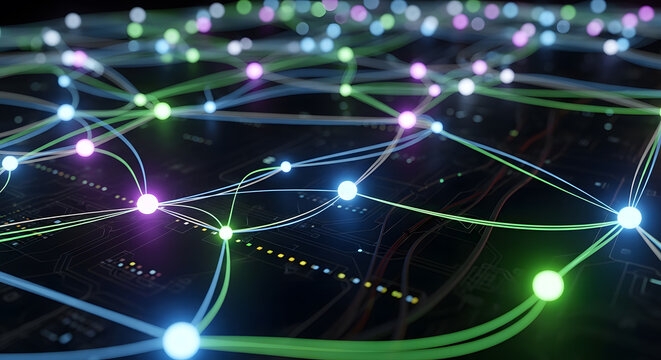 Abstract network nodes connected by glowing lines, digital data flow
