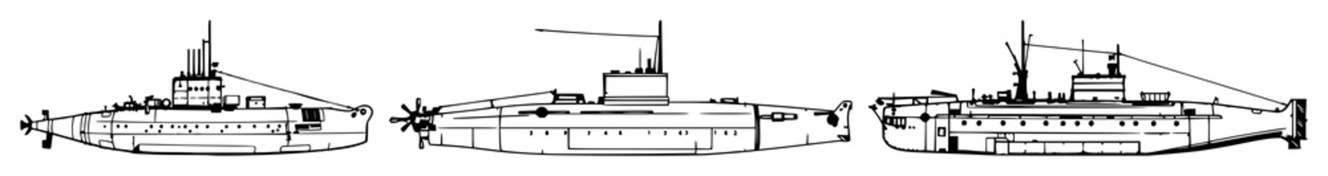 Submarine blueprint set with vintage ink sketch detailing 19th-century steampunk design featuring submarine, naval, marine engineering with fine line detail and white background