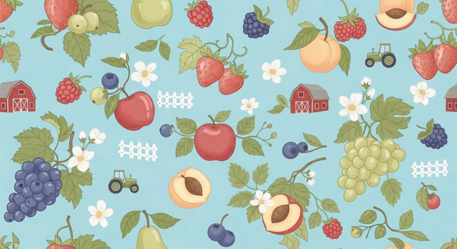 Vector Fruit Farm Seamless Pattern, Orchard Apples Berries Grapes with Flowers and Rustic Background