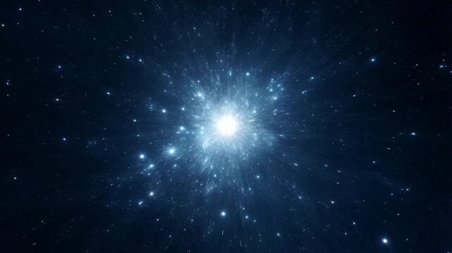 Star glowing bright white with radiant beams and blue light scattered around in space featuring astronomy, celestial, cosmos with universe and night