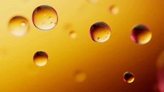 Bubbles floating on oil surface with golden light reflections and gradient background featuring macro, close-up, liquid with droplets and round