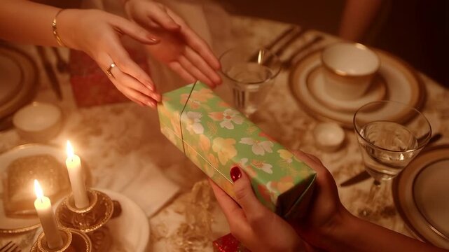Gift box green floral wrapped being given to a woman at a dinner table with candlelight and fine china plates