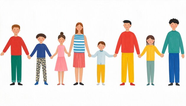Diverse Group of People and Children Holding Hands in a Row, Panoramic Illustration for Community, Unity, and Family Concept