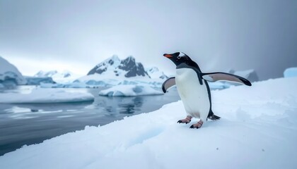 Fototapeta premium A lone Gentoo penguin stands on a snowy Antarctic slope with icebergs in the background.