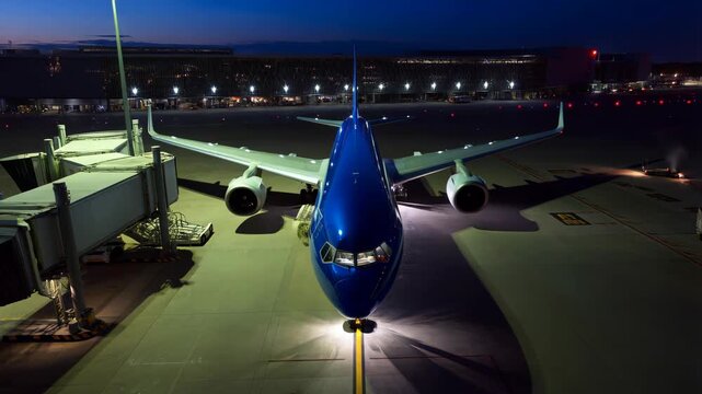 Airplane blue parked at airport gate with jetway attached featuring commercial jet, aircraft, air travel with plane and jet elements for