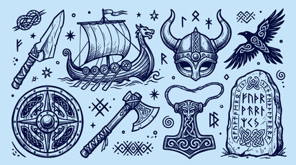 Obraz premium Set of Viking symbols and traditional Scandinavian elements hand drawn illustration