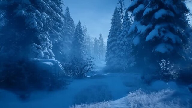 Forest snowy landscape with tall trees and misty atmosphere in winter featuring snow-covered, frozen, cold with icy and serene elements for peaceful,