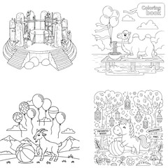 Obraz premium Birthday cake and balloons coloring page with animals and celebration elements with line art