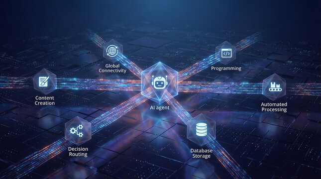 Glowing AI agent hub connected to icons for code, data, automation, web, writing. illustrating artificial intelligence, machine learning workflows. technology-driven automation in futuristic interface