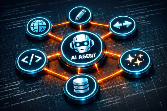 Glowing AI agent hub connected to icons for code, data, automation, web, writing. illustrating artificial intelligence, machine learning workflows. technology-driven automation in futuristic interface
